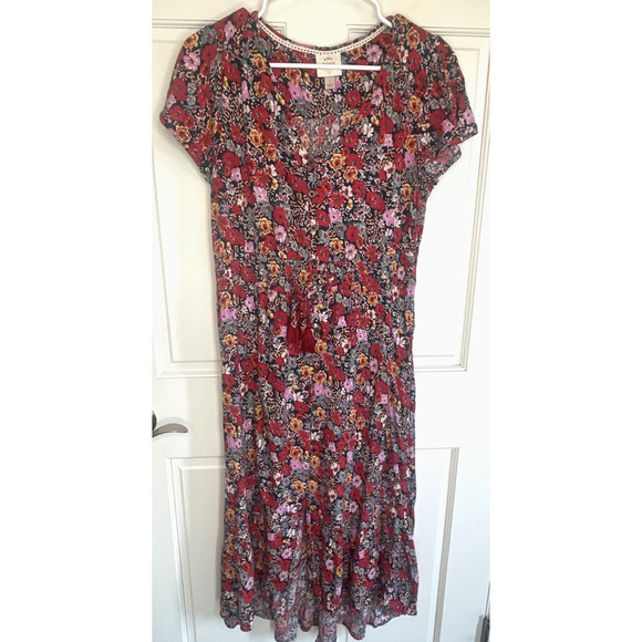 Knox Rose Women's Boho Floral Smocked Dress Sz L Tassel Button Front Ruffle - Picture 1 of 16